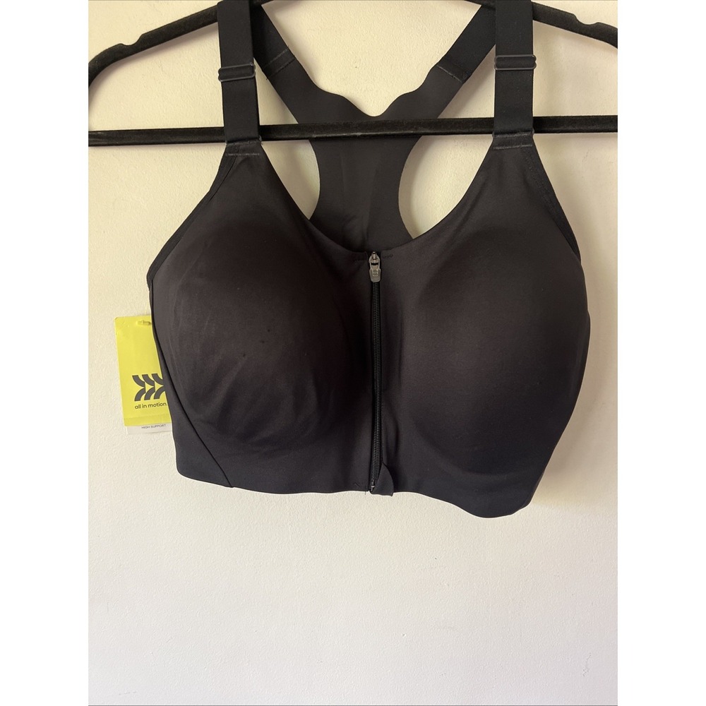 All In Motion Women's Medium Support Zip-Front Sports Bra 38DD Black Cross Back